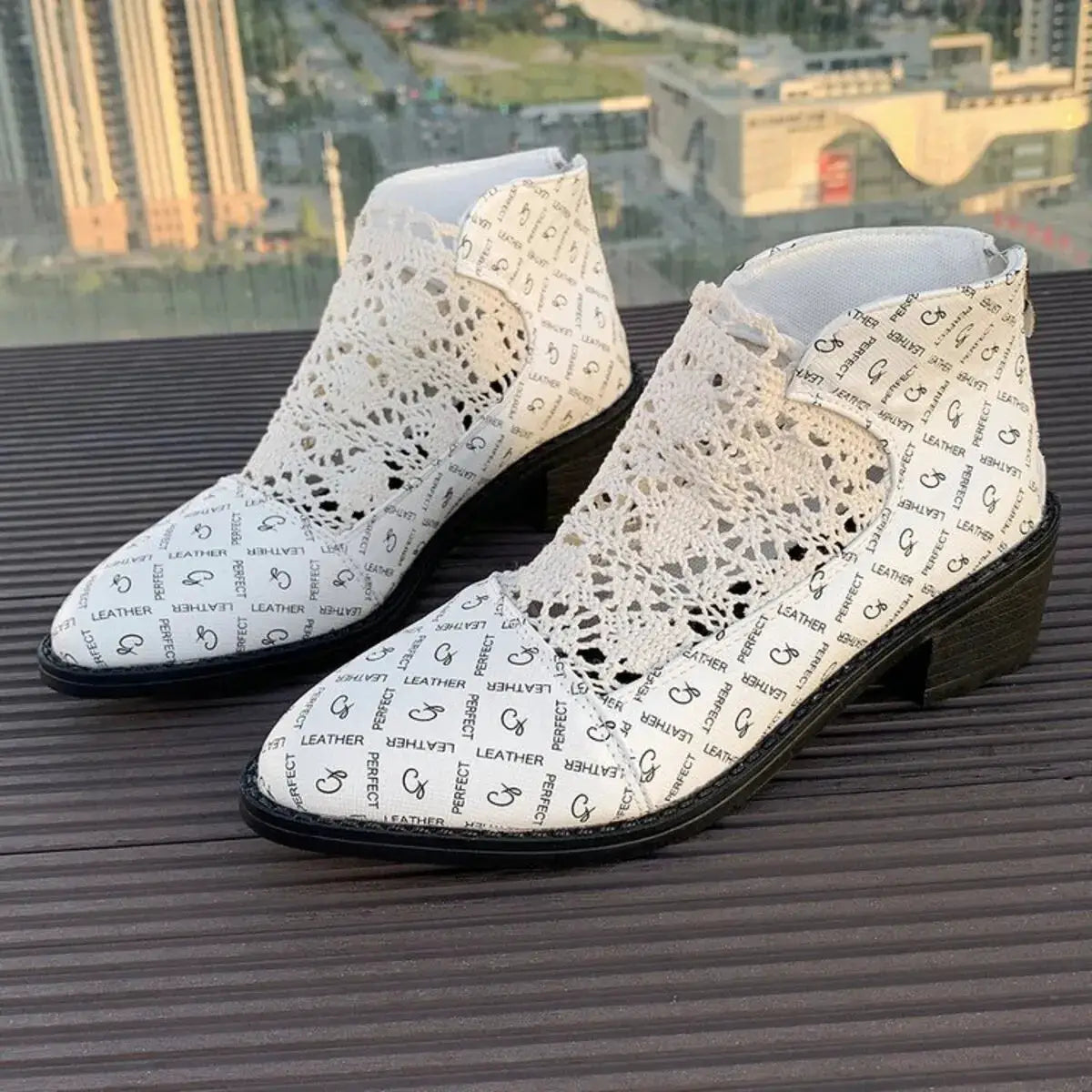 Printed Point Toe Block Heels Boots by Trendsi