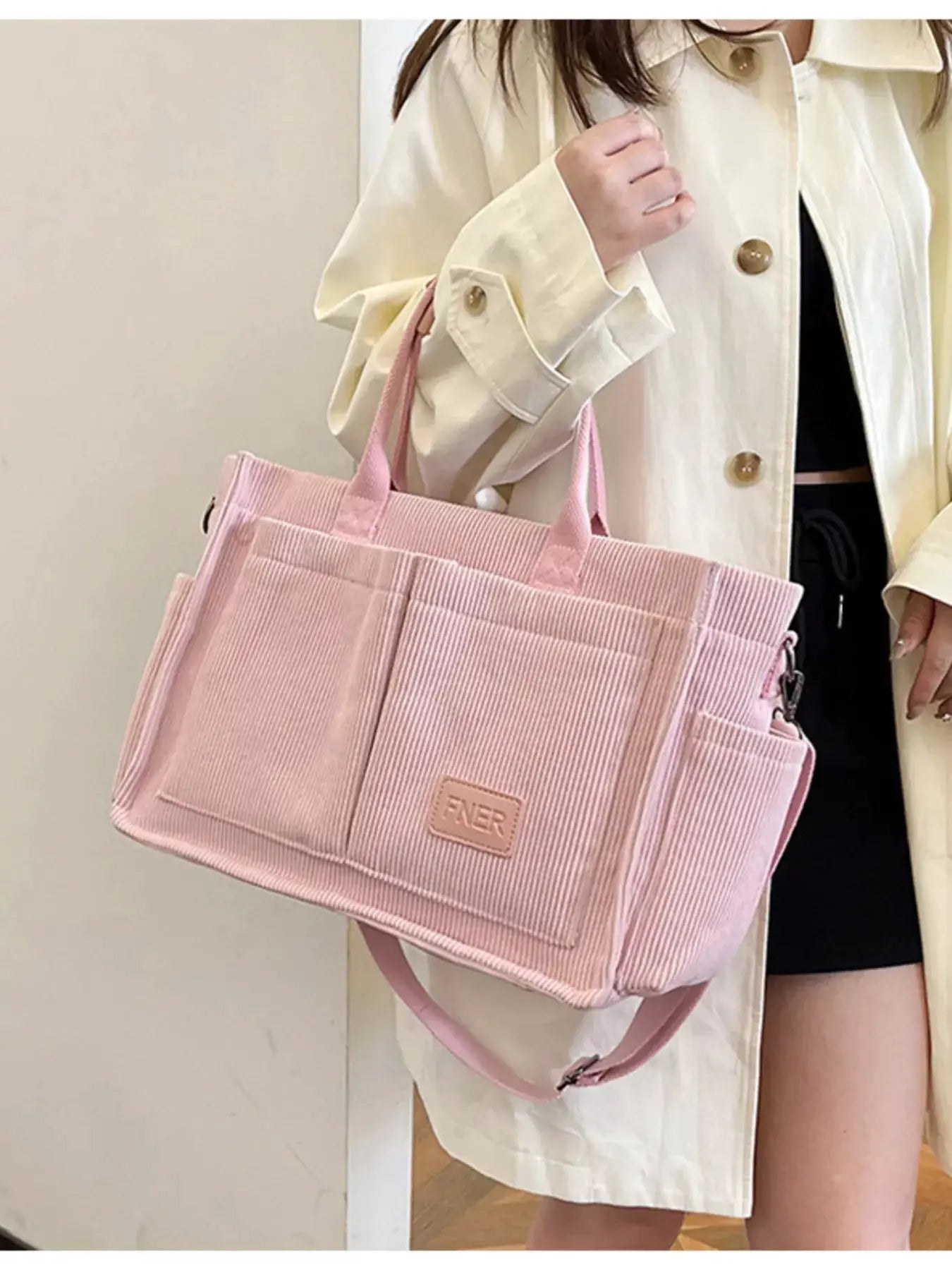 Corduroy Multi-Pocket Tote Bag by Trendsi