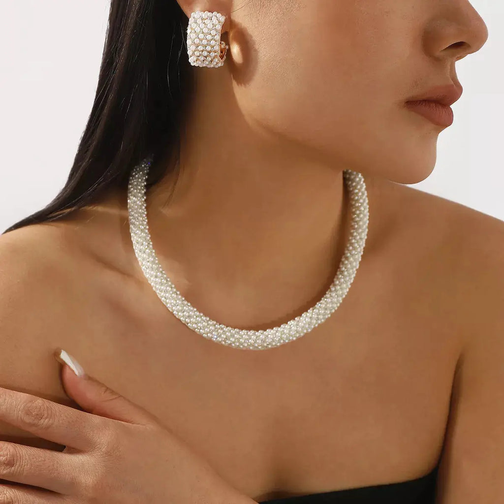 Pearl Embellished Earrings and Necklace Jewelry Set by Trendsi