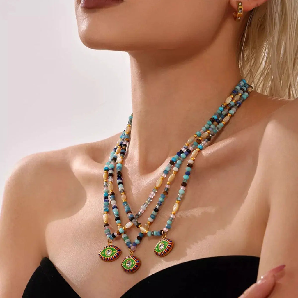 Zircon Bead Evil Eye Pendant Necklace by Trendsi
