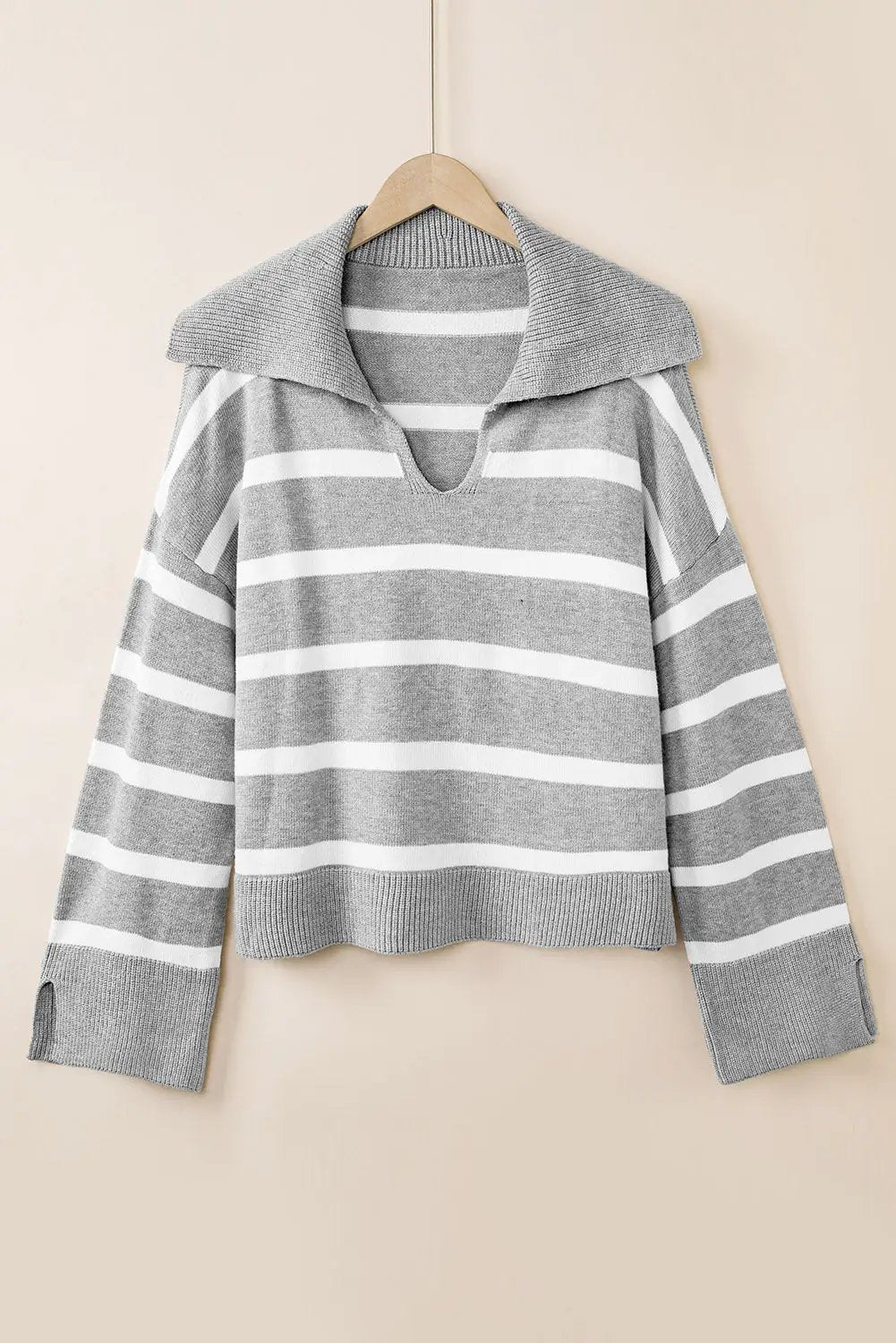Striped Collared Neck Slit Sweater by Trendsi