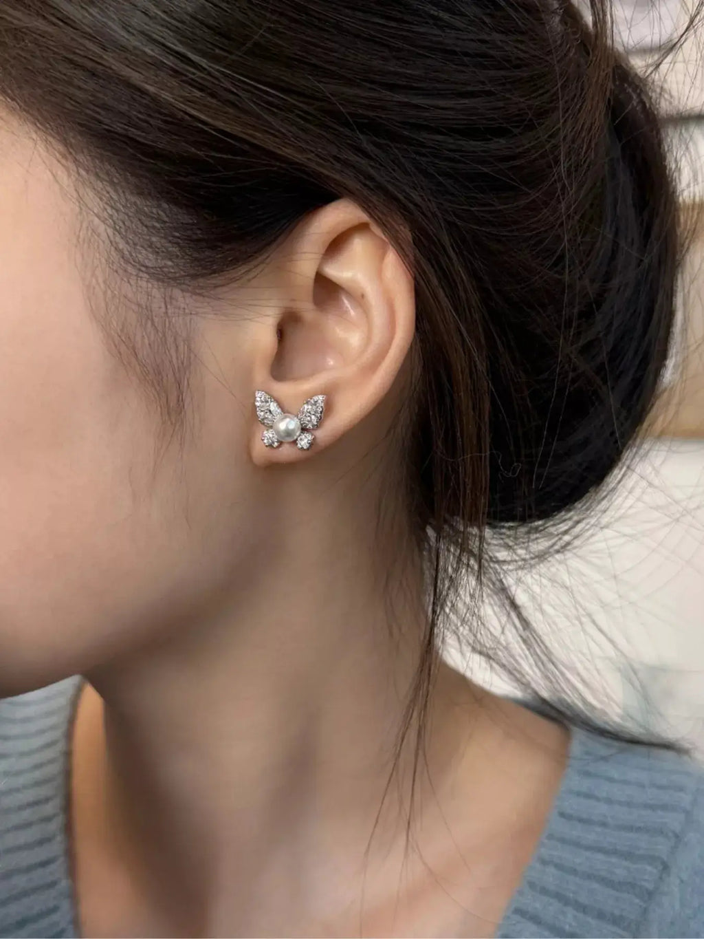 Butterfly Pearl Stud Earrings by Trendsi