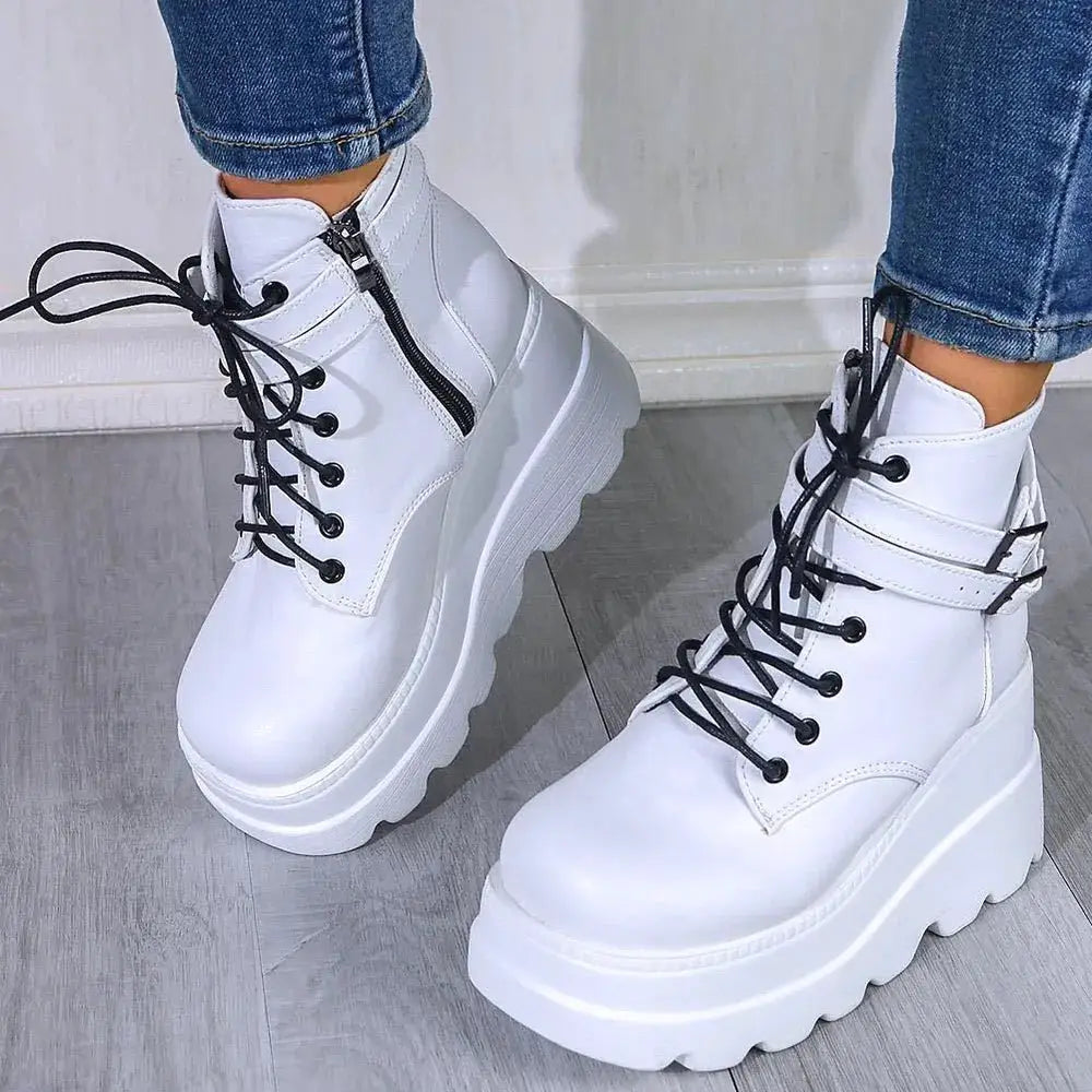 PU Leather Lace-Up Wedge Boots by Trendsi