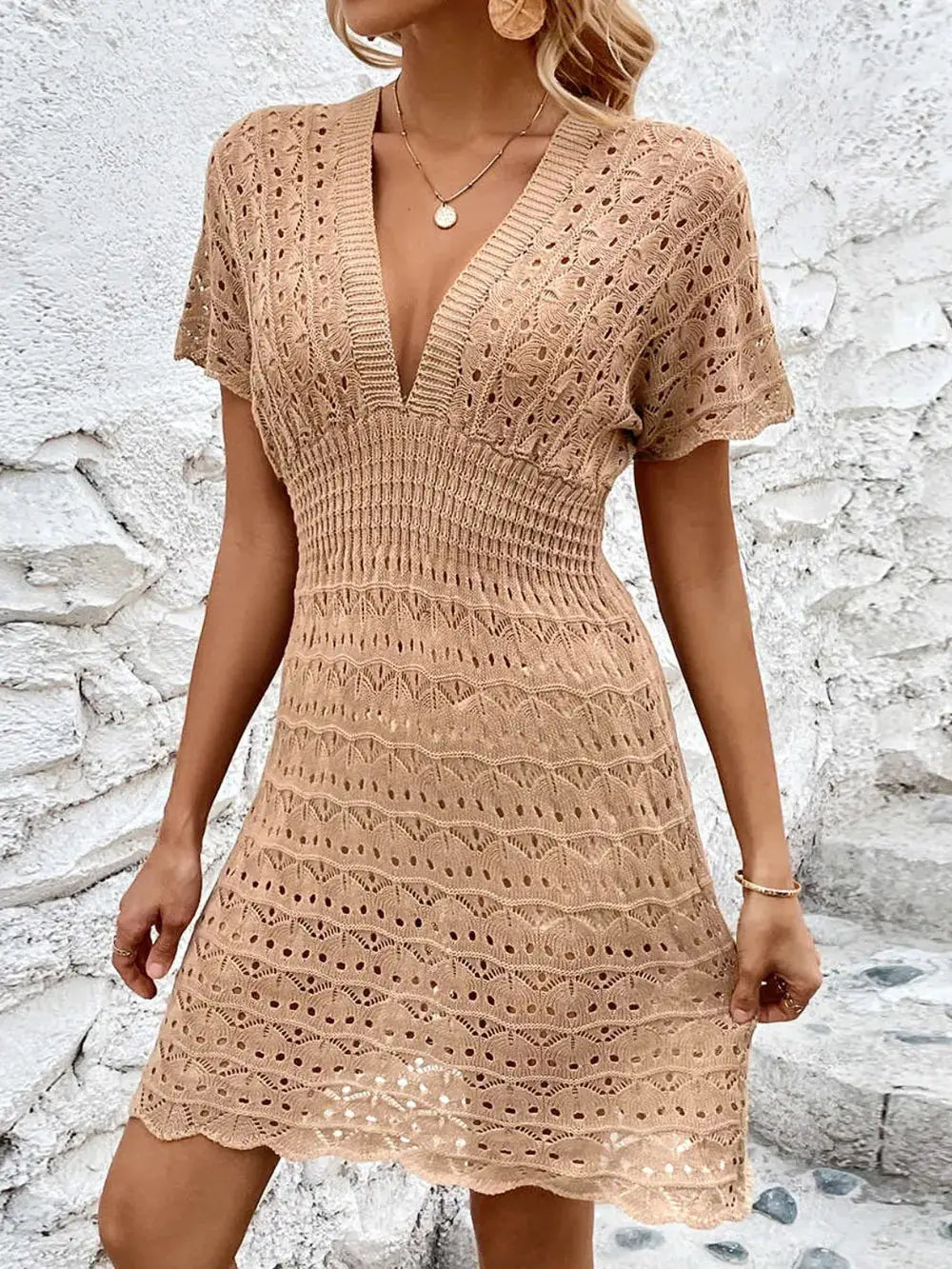Openwork Plunge Short Sleeve Cover-Up Dress by Trendsi