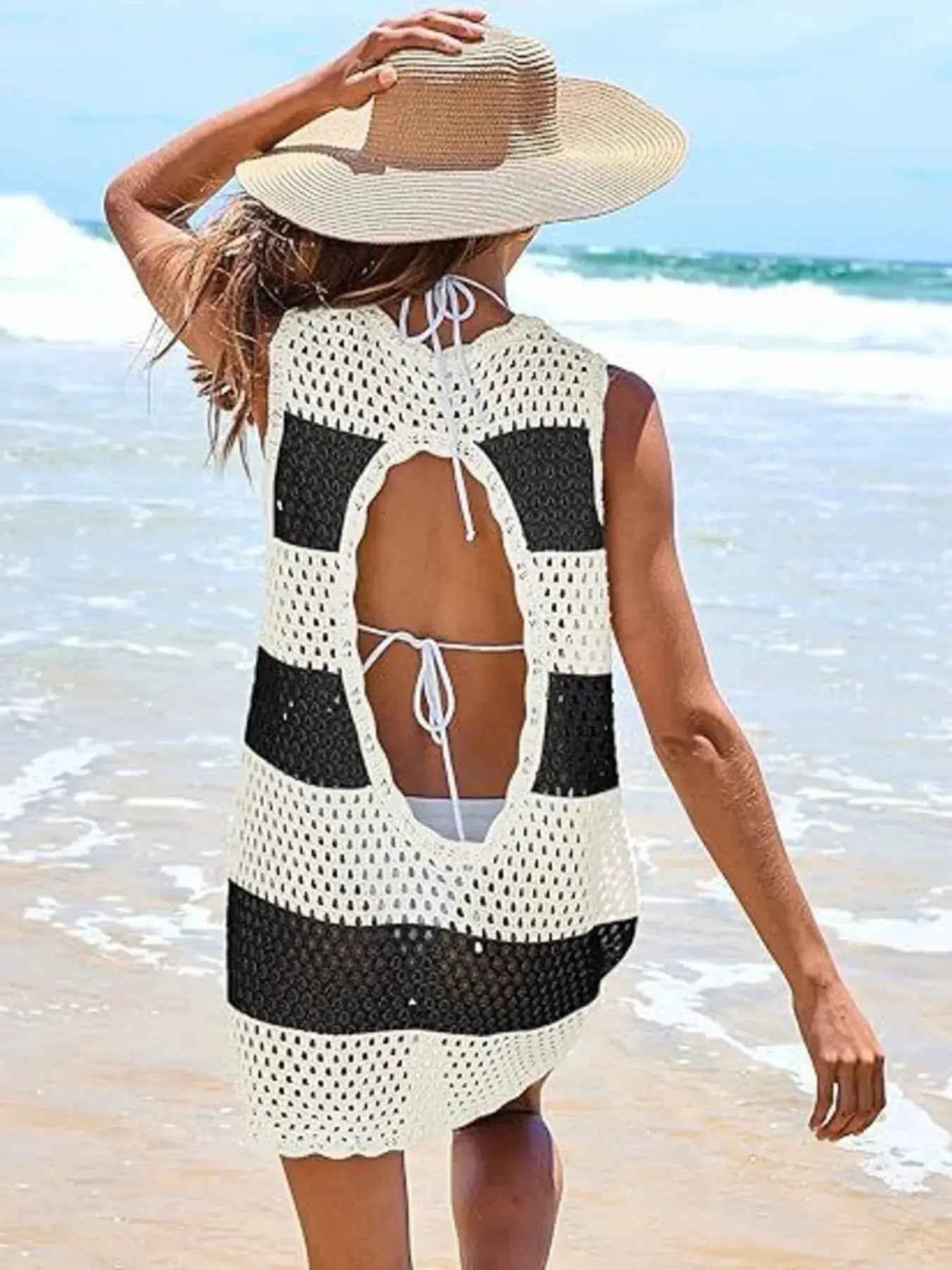 Color Block Openwork Sleeveless Cutout Back Cover-Up by Trendsi