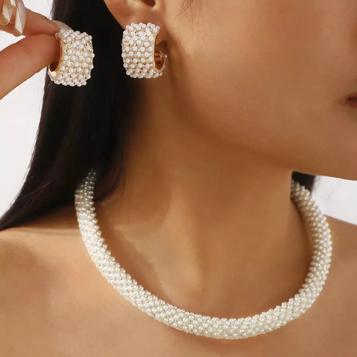 Pearl Embellished Earrings and Necklace Jewelry Set by Trendsi