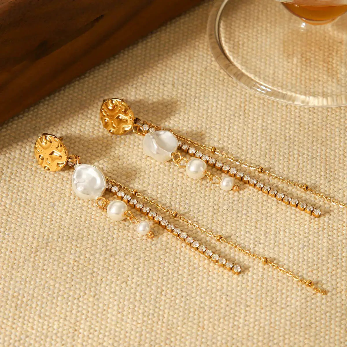 18K Gold-Plated Zircon Pearl Chain Earrings by Trendsi