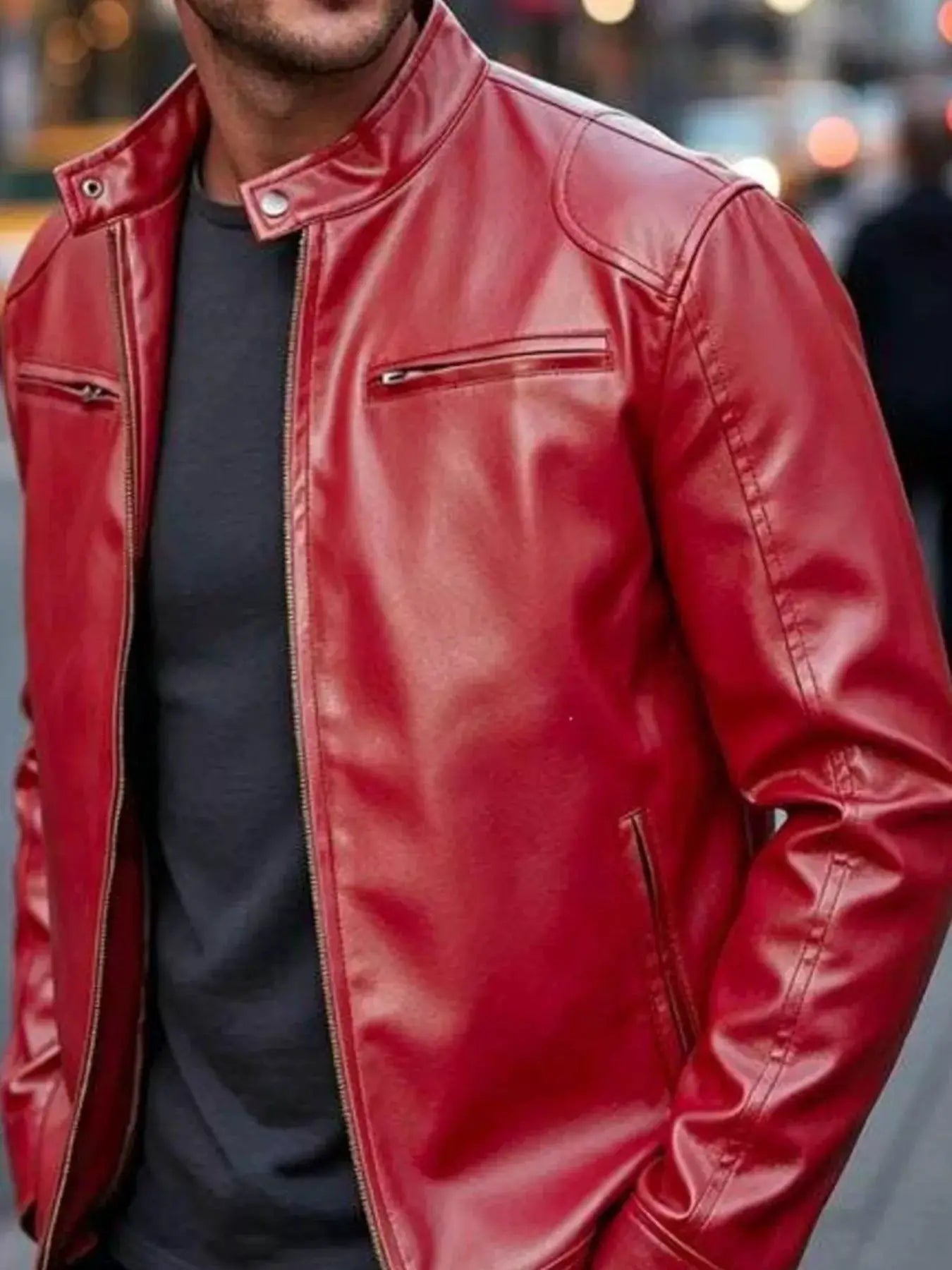 Men's Full Size Faux Leather Bomber Jacket with Zipper Pockets Plus Size by Trendsi