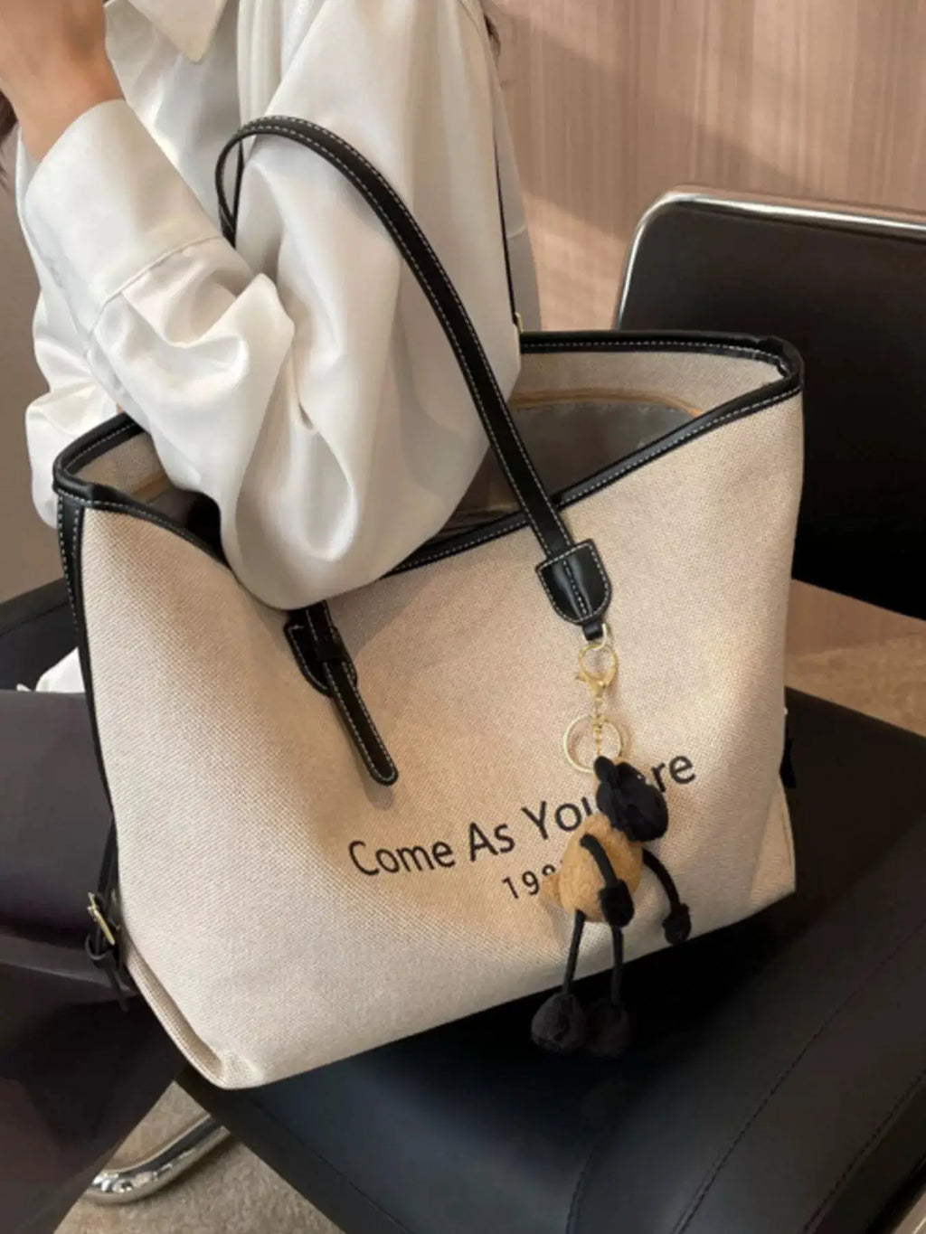 Canvas Tote Shoulder Bag with Charm by Trendsi
