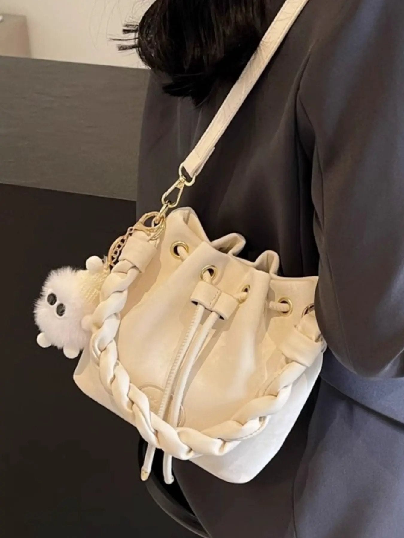 Chunky Chain Trim Drawstring Bucket Crossbody Bag by Trendsi
