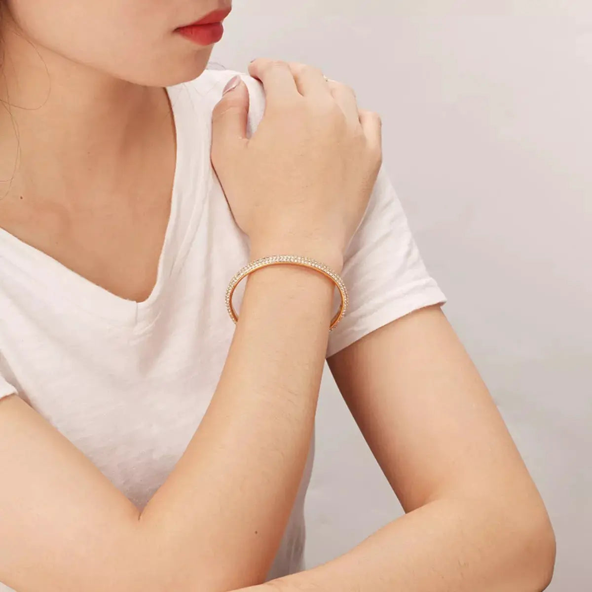 18K Gold-Plated Copper Zircon Open Bracelet by Trendsi