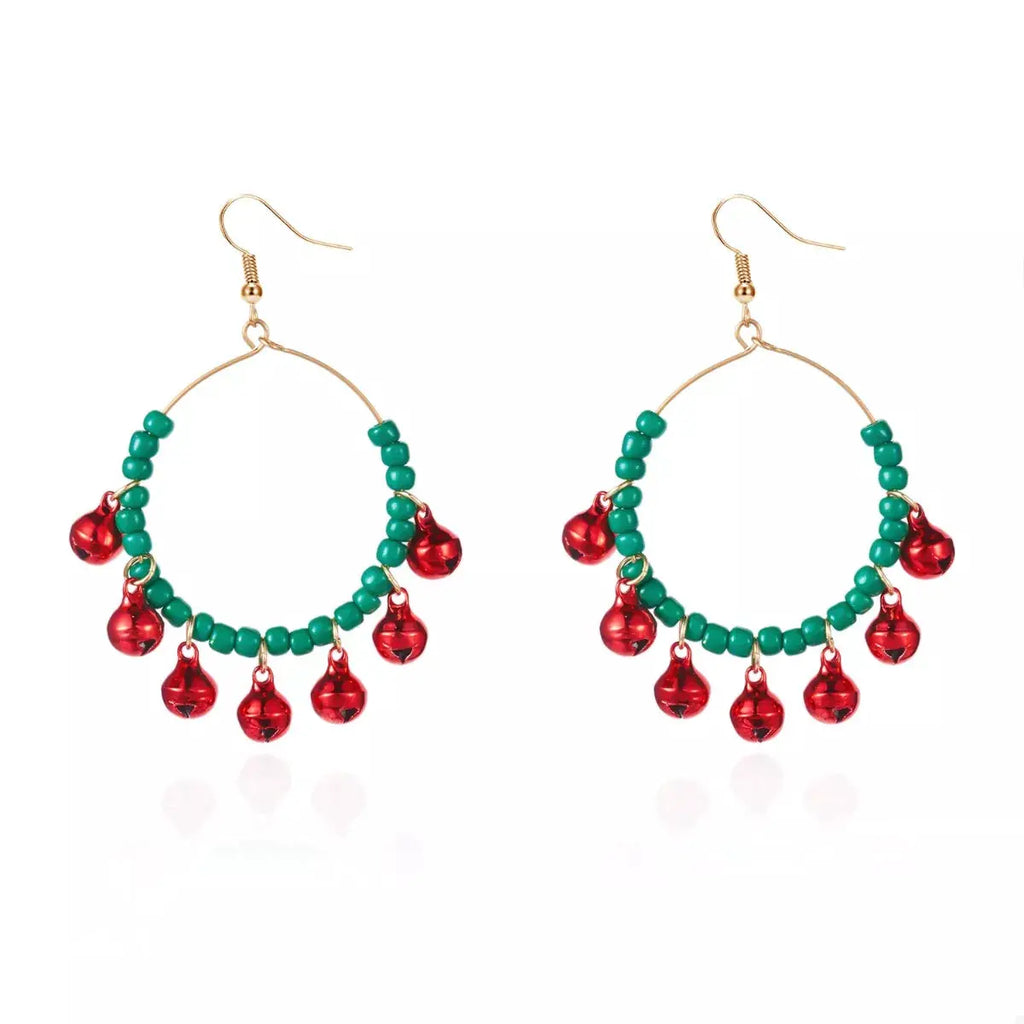 Christmas Beaded Hoop Earrings with Jingle Bells by Trendsi