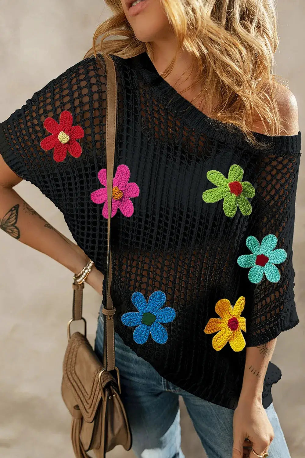 Flower Round Neck Half Sleeve Knit Cover Up by Trendsi
