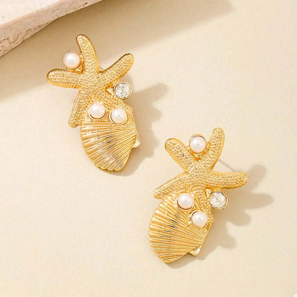 Ocean Starfish Shell Synthetic Pearl Drop Earrings by Trendsi