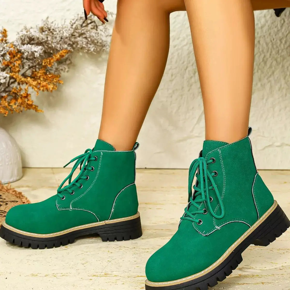 Round Toe Lace Up Boots by Trendsi
