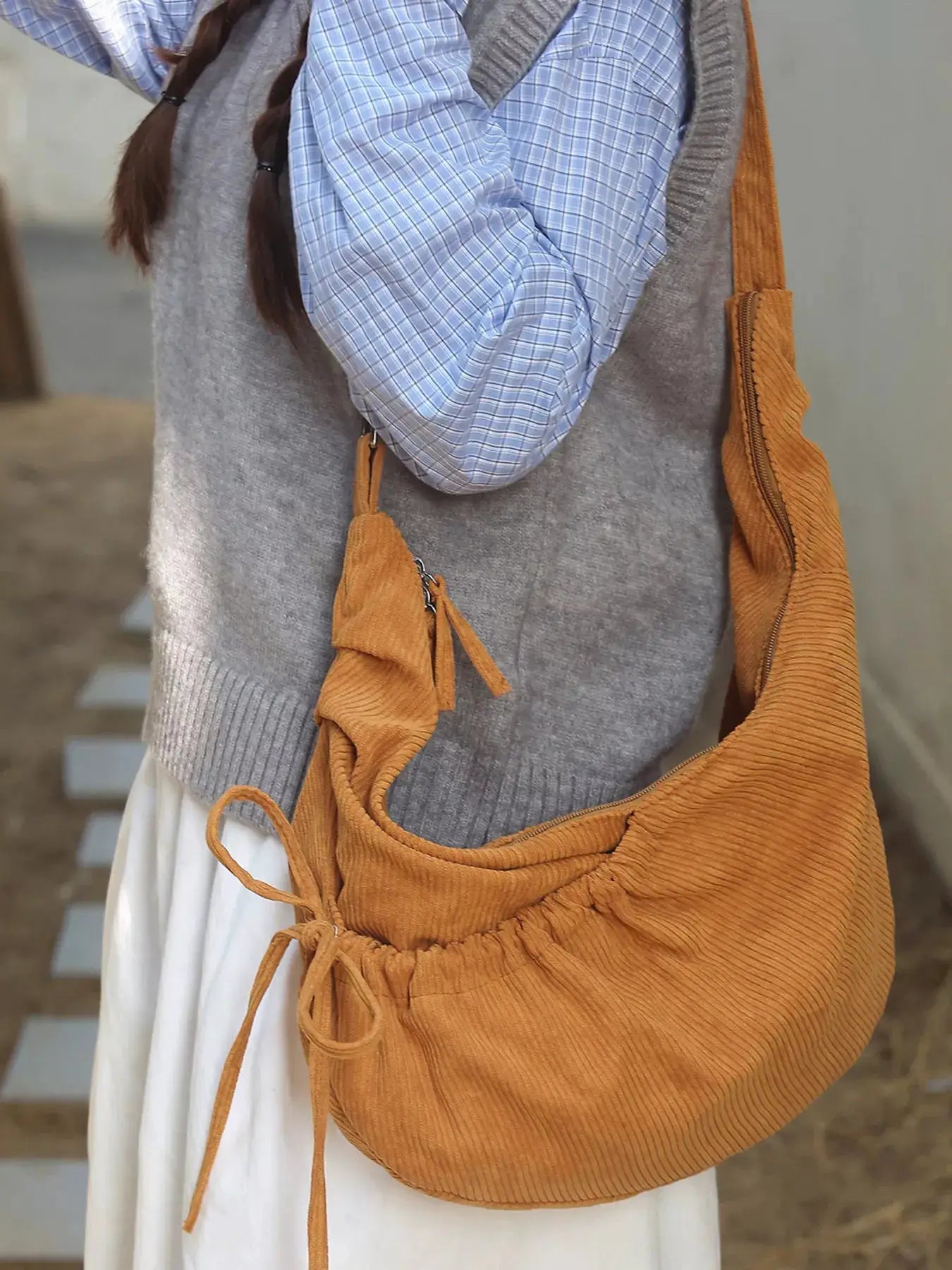 Corduroy Drawstring Crossbody Bag by Trendsi