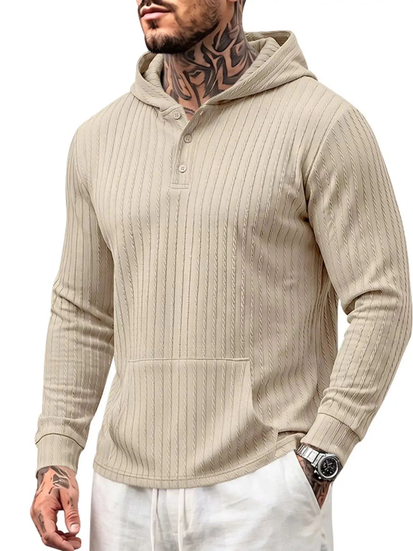 Men's Full Size Casual Kangaroo Pocket Knit Hoodie Plus Size by Trendsi