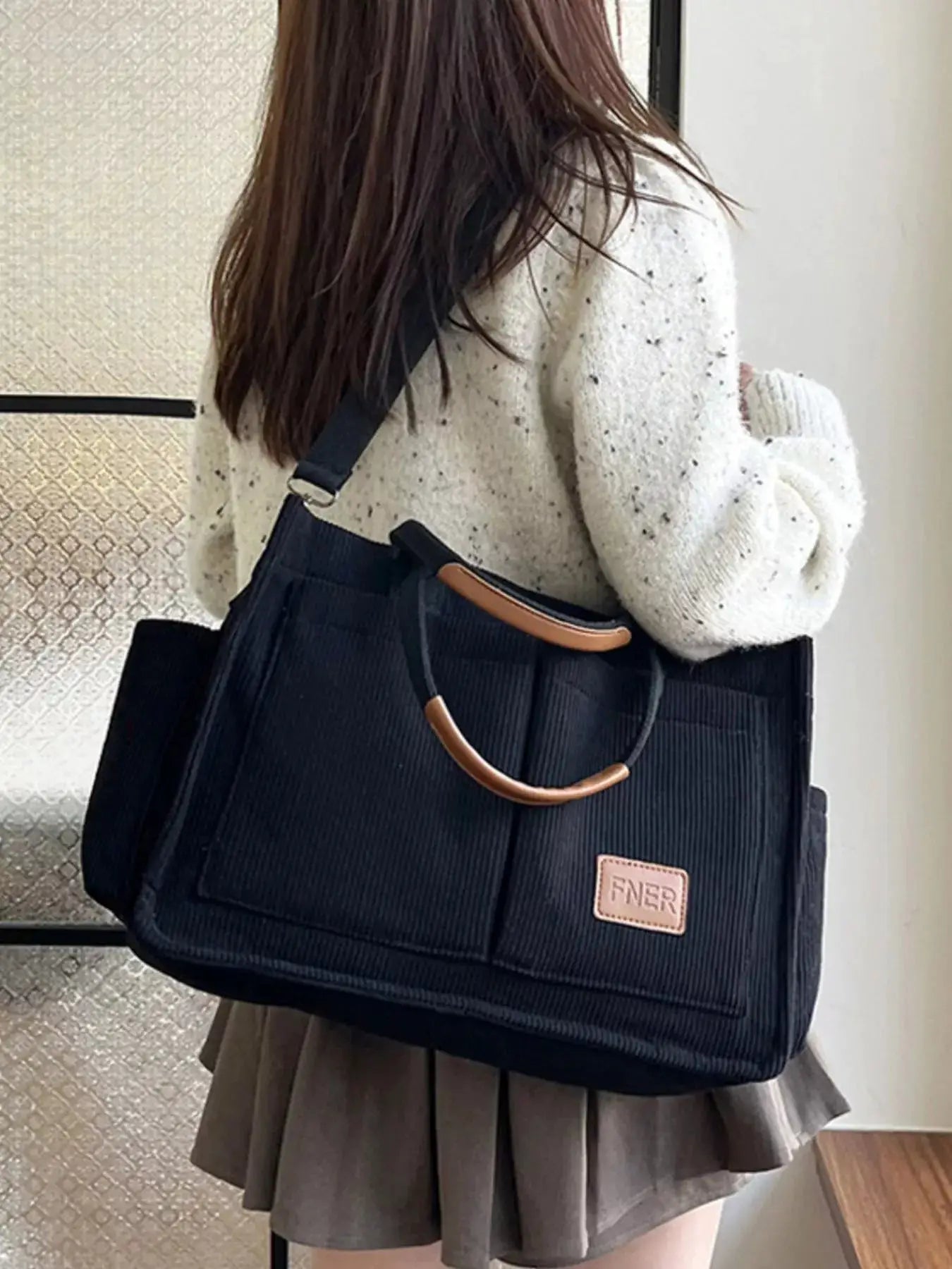 Corduroy Multi-Pocket Tote Bag by Trendsi