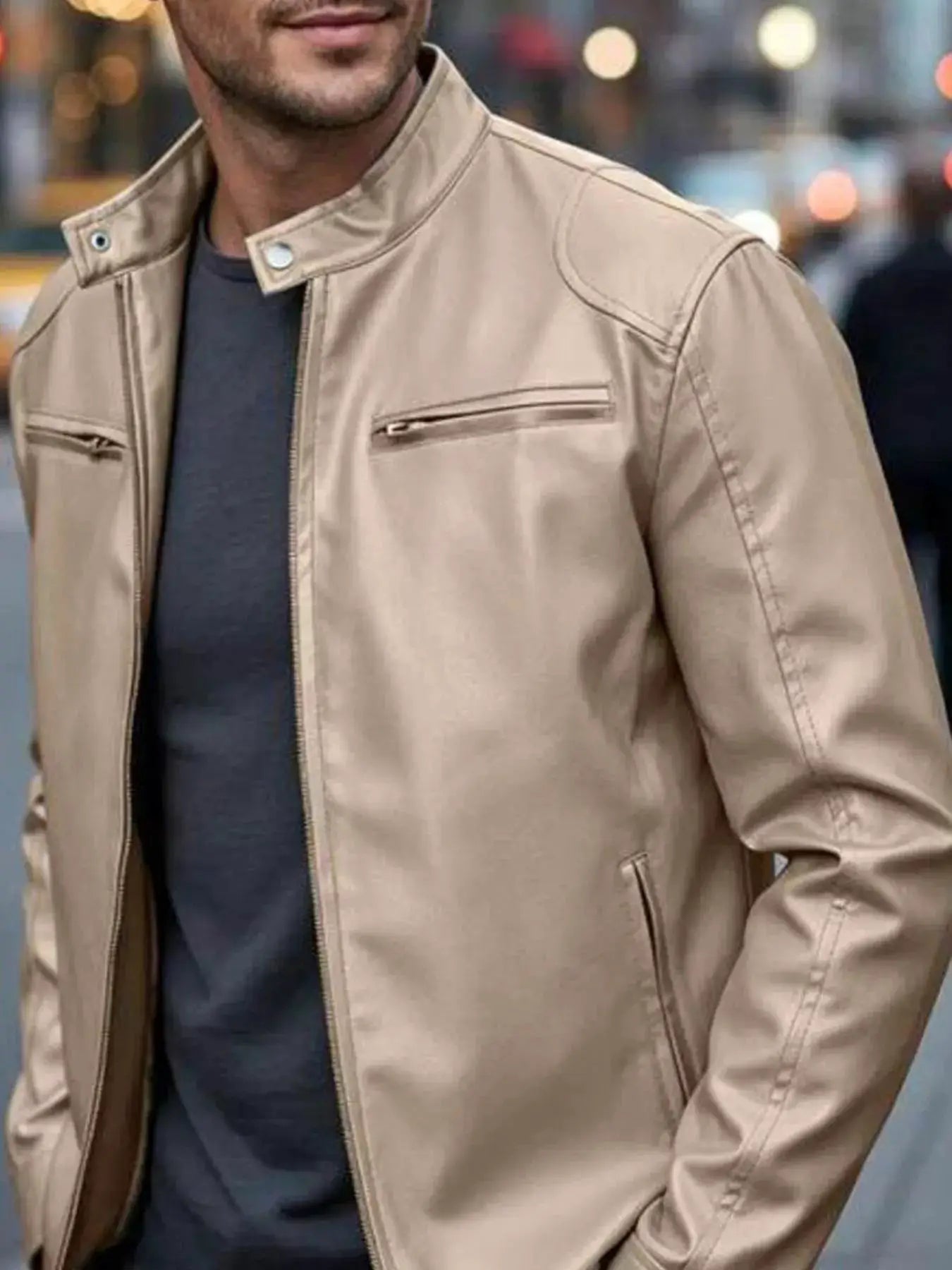 Men's Full Size Faux Leather Bomber Jacket with Zipper Pockets Plus Size by Trendsi
