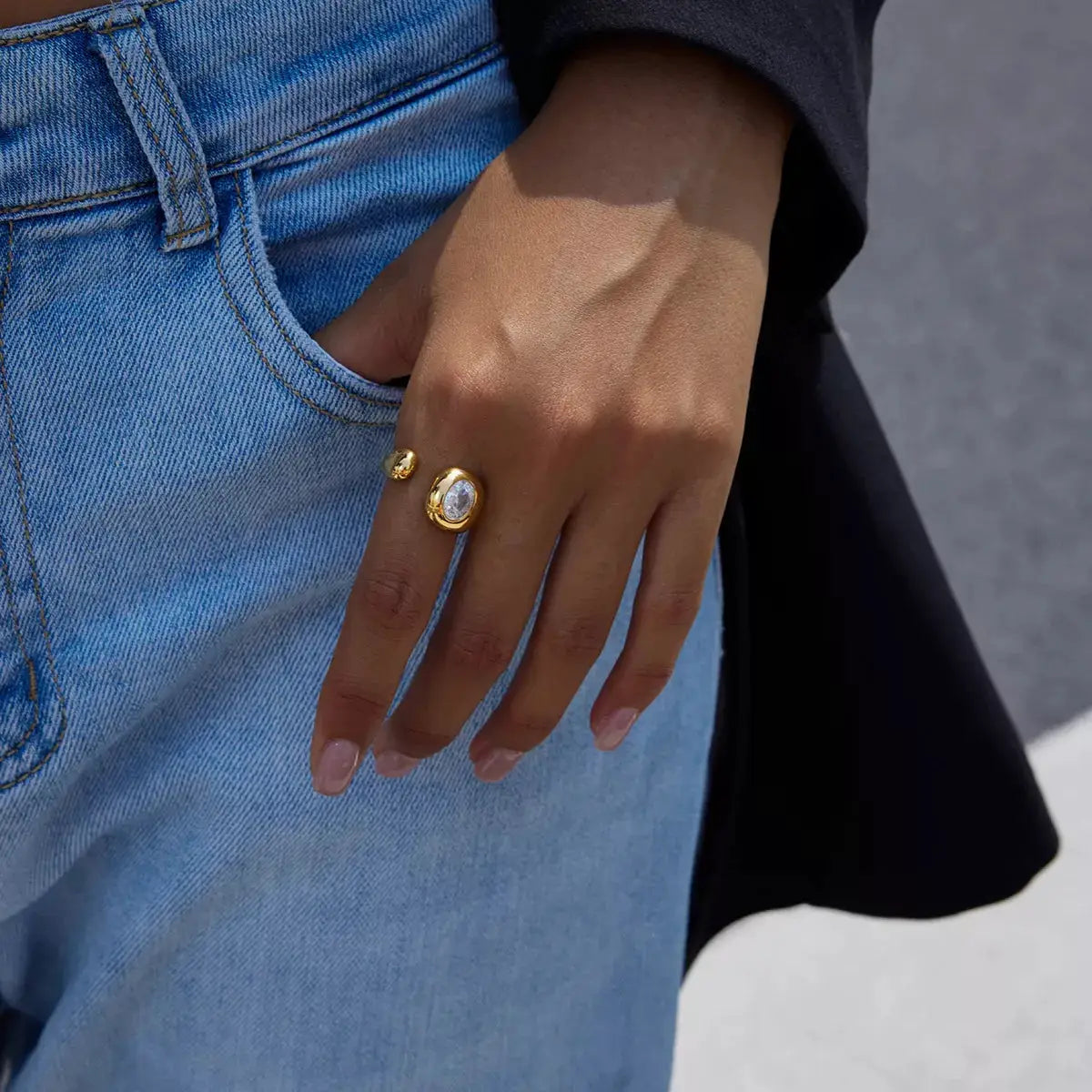 18K Gold-Plated Rhinestone Open Ring by Trendsi