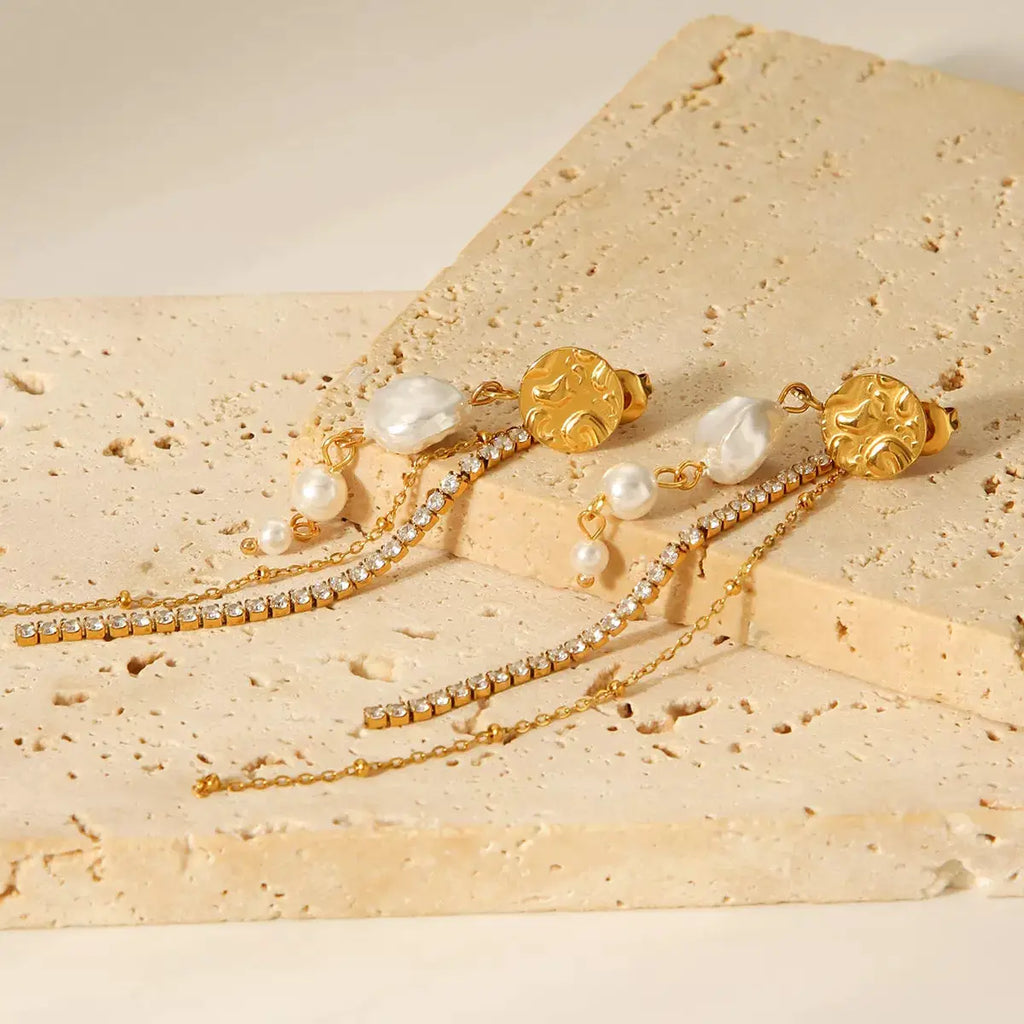 18K Gold-Plated Zircon Pearl Chain Earrings by Trendsi