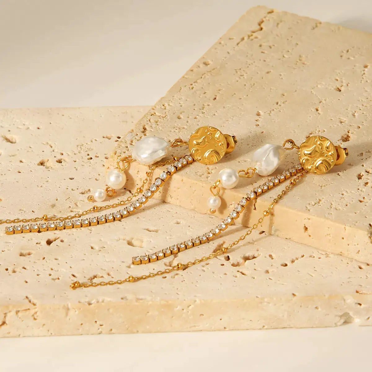 18K Gold-Plated Zircon Pearl Chain Earrings by Trendsi