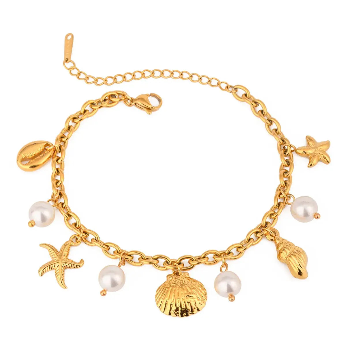 Ocean Theme Stainless Steel Chain Bracelet with Seashell and Starfish Pendants by Trendsi