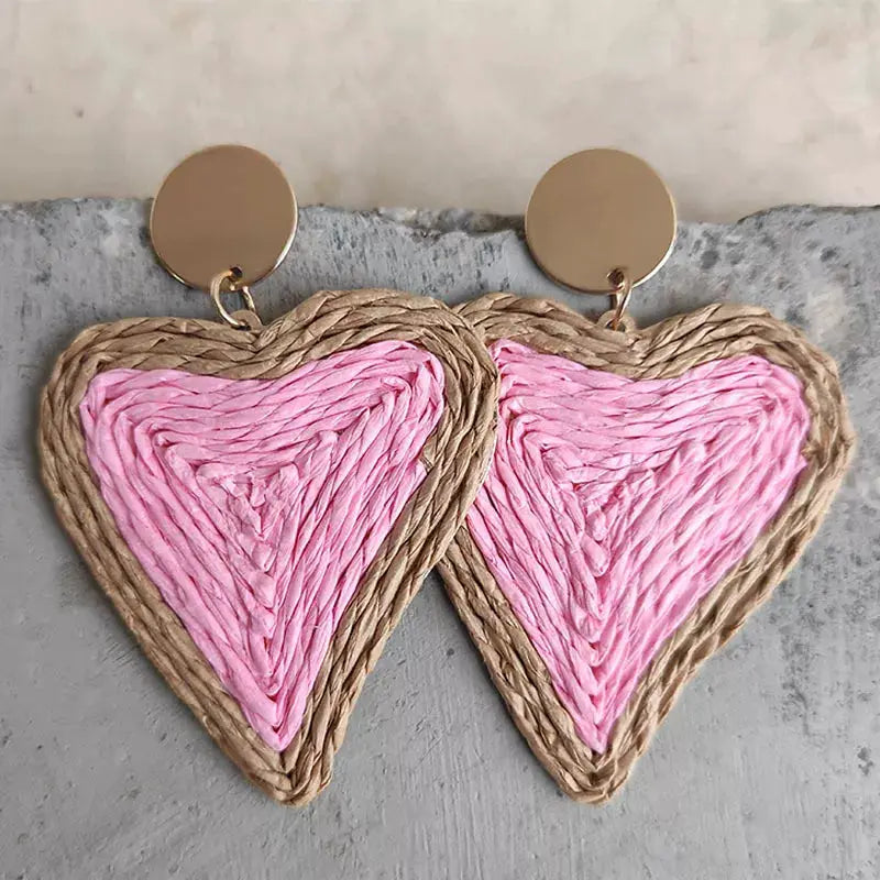 Raffia Grass Heart Teardrop Earrings by Trendsi