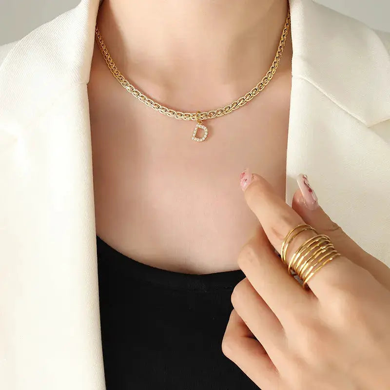 Brass Inlaid Zircon Letter Pendant Necklace by Trendsi