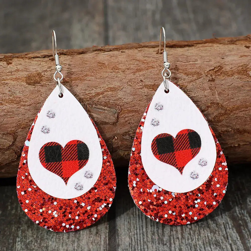 Heart Sequin Leather Teardrop Earrings by Trendsi
