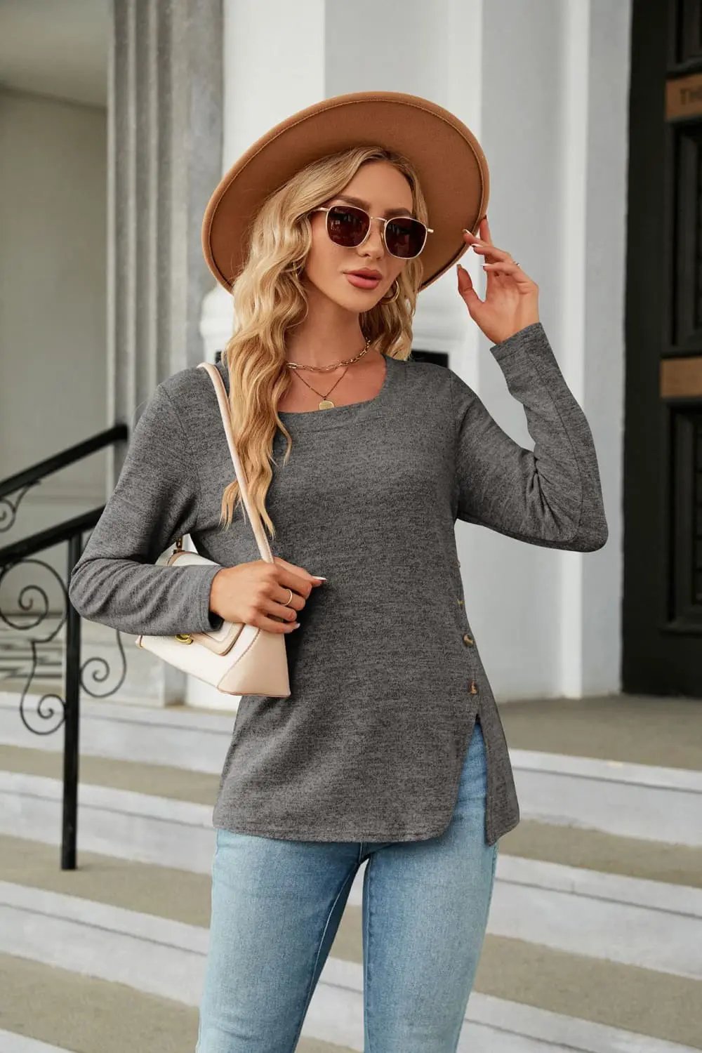 Square Neck Long Sleeve Slit T-Shirt by Trendsi