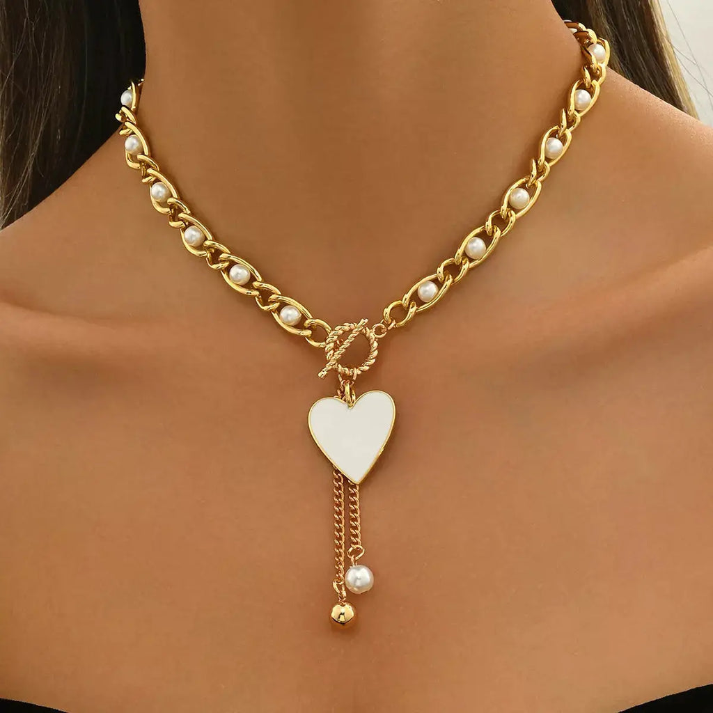 18K Gold-Plated Pearl Heart Necklace by Trendsi