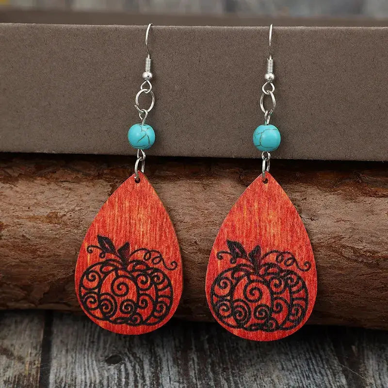 Turquoise Wooden Pumpkin Teardrop Earrings by Trendsi