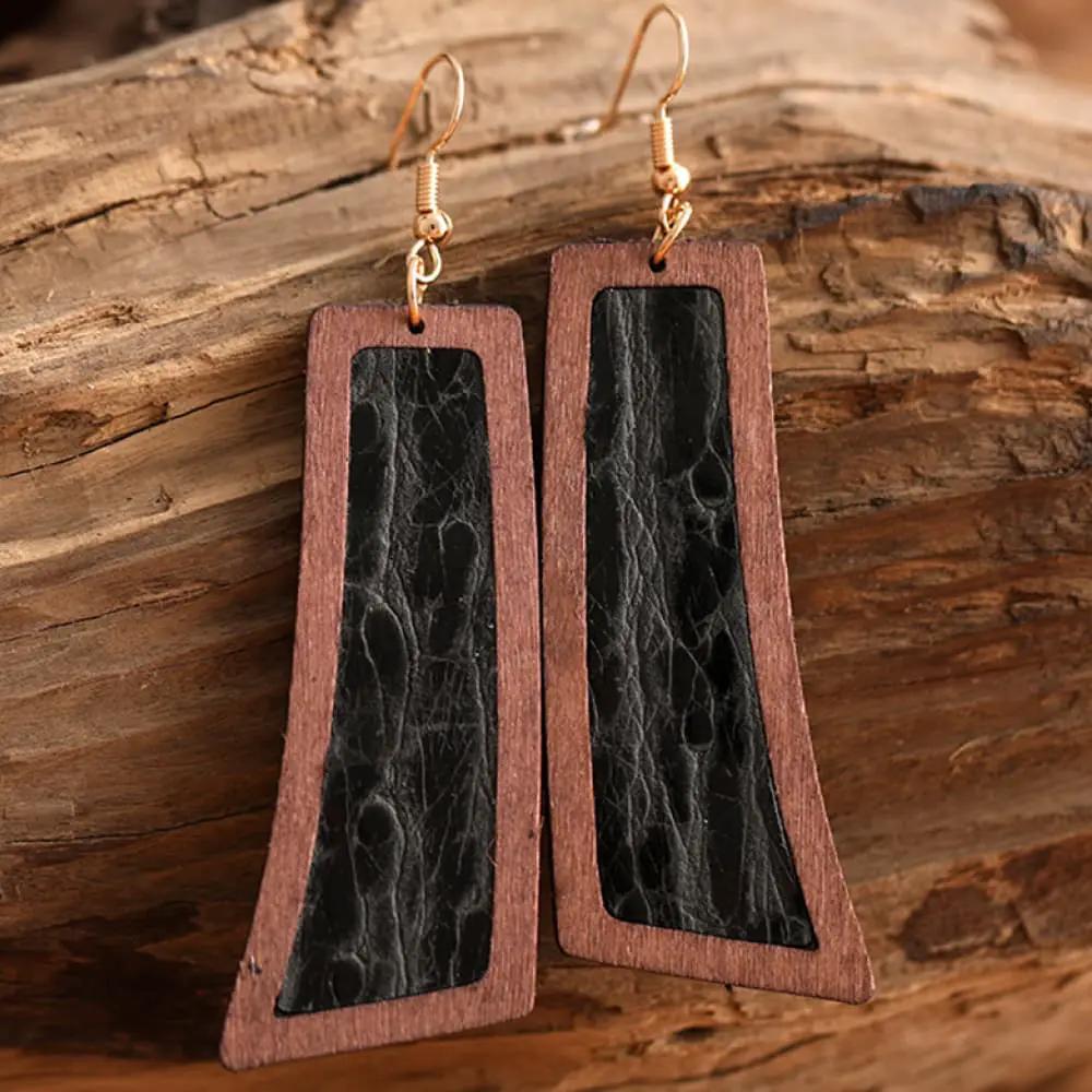 Geometrical Shape Wooden Dangle Earrings by Trendsi