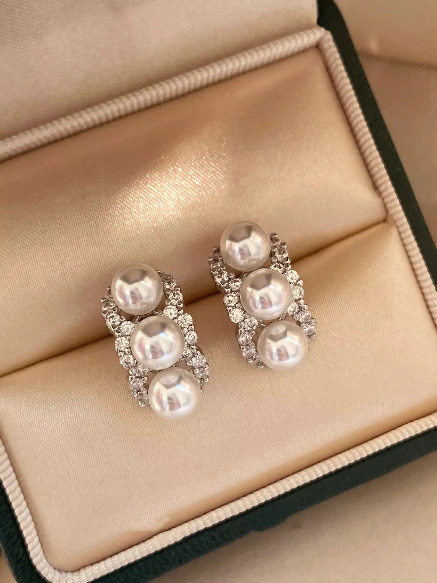 Zircon Triple Pearl Drop Earrings by Trendsi