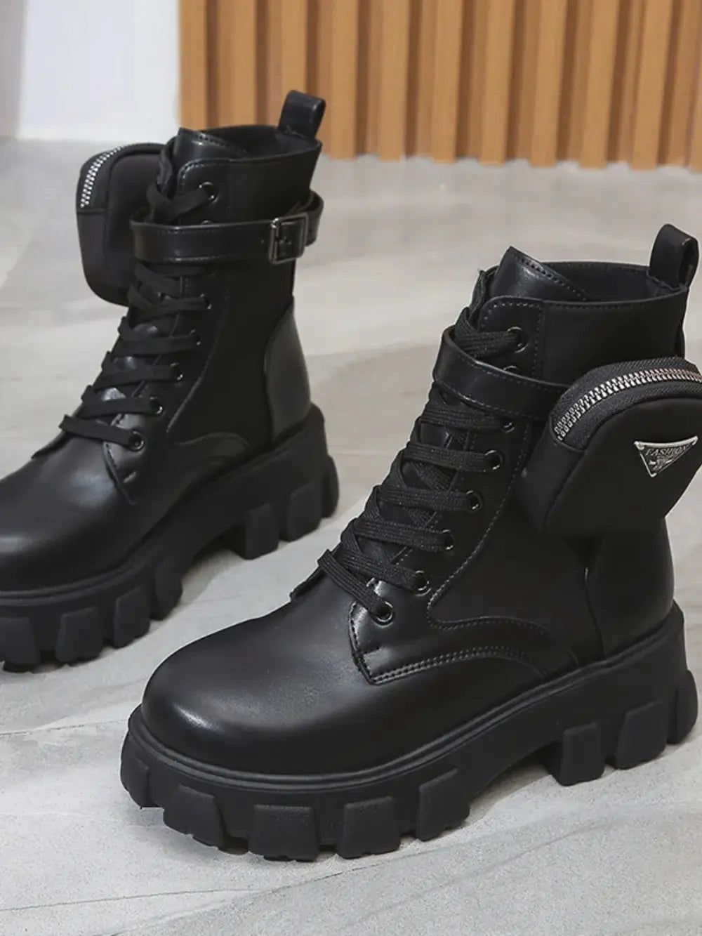 Lace Up PU Leather Platform Boots by Trendsi