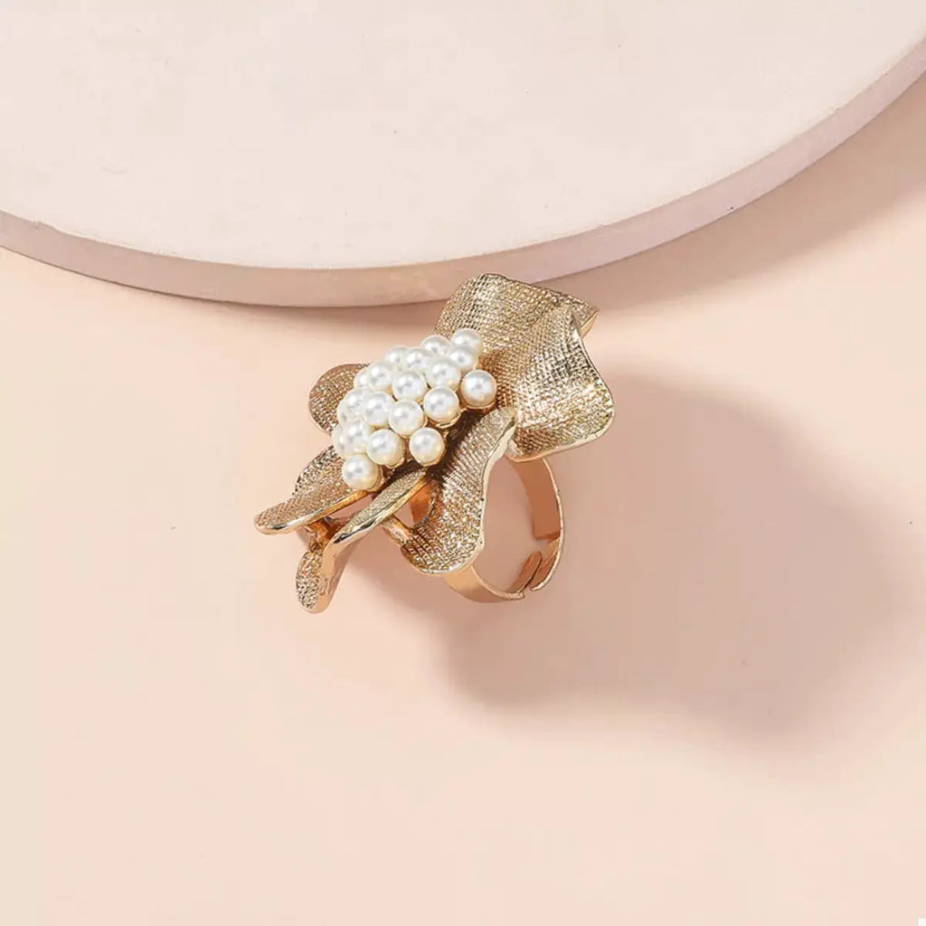 18K Gold-Plated Pearl Flower Ring by Trendsi