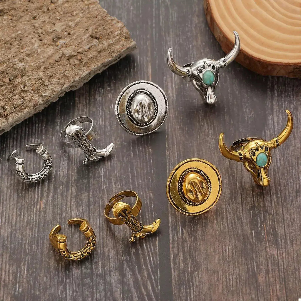 4 Piece Vintage Western Style Bull Head Rings by Trendsi