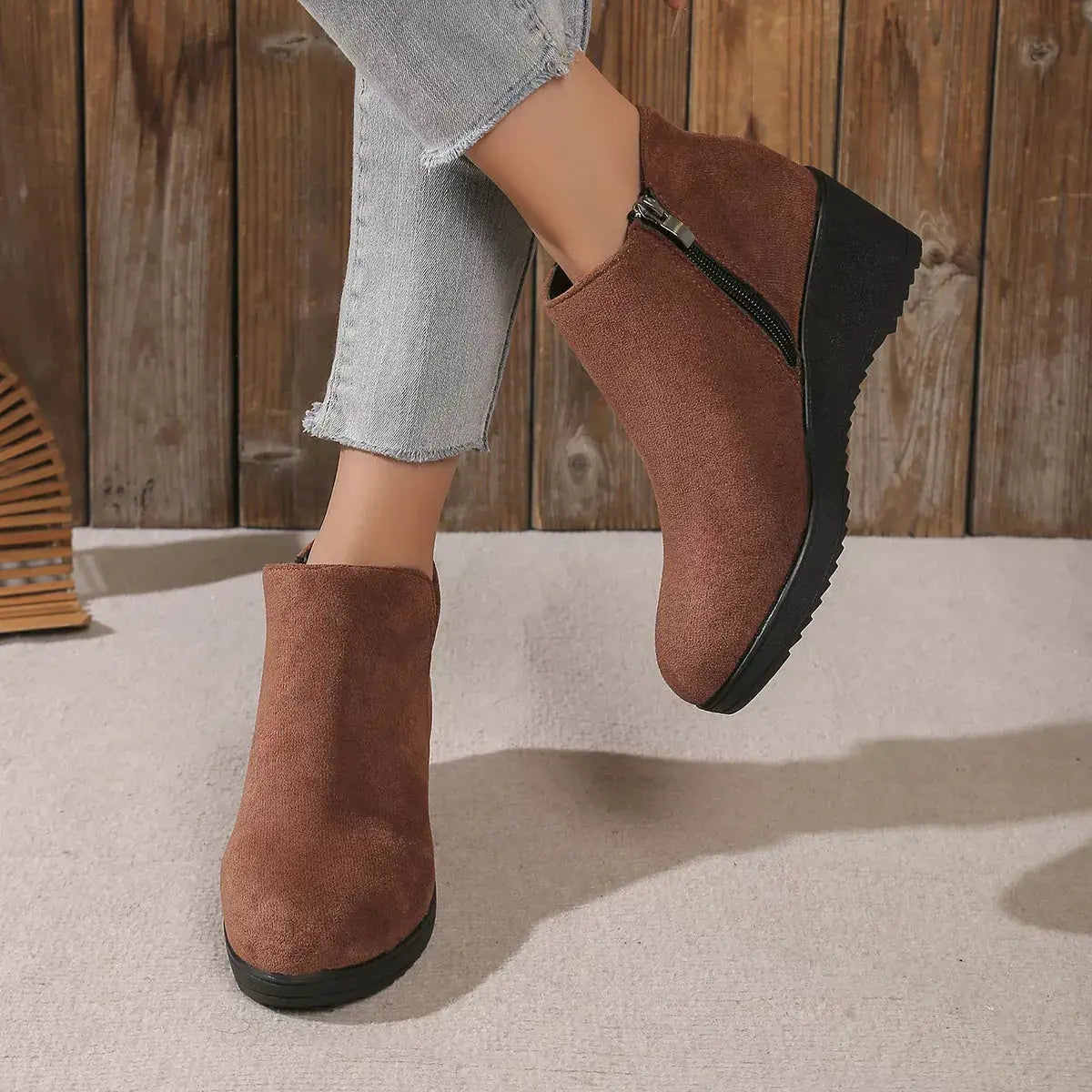 Round Toe Wedge Ankle Boots by Trendsi