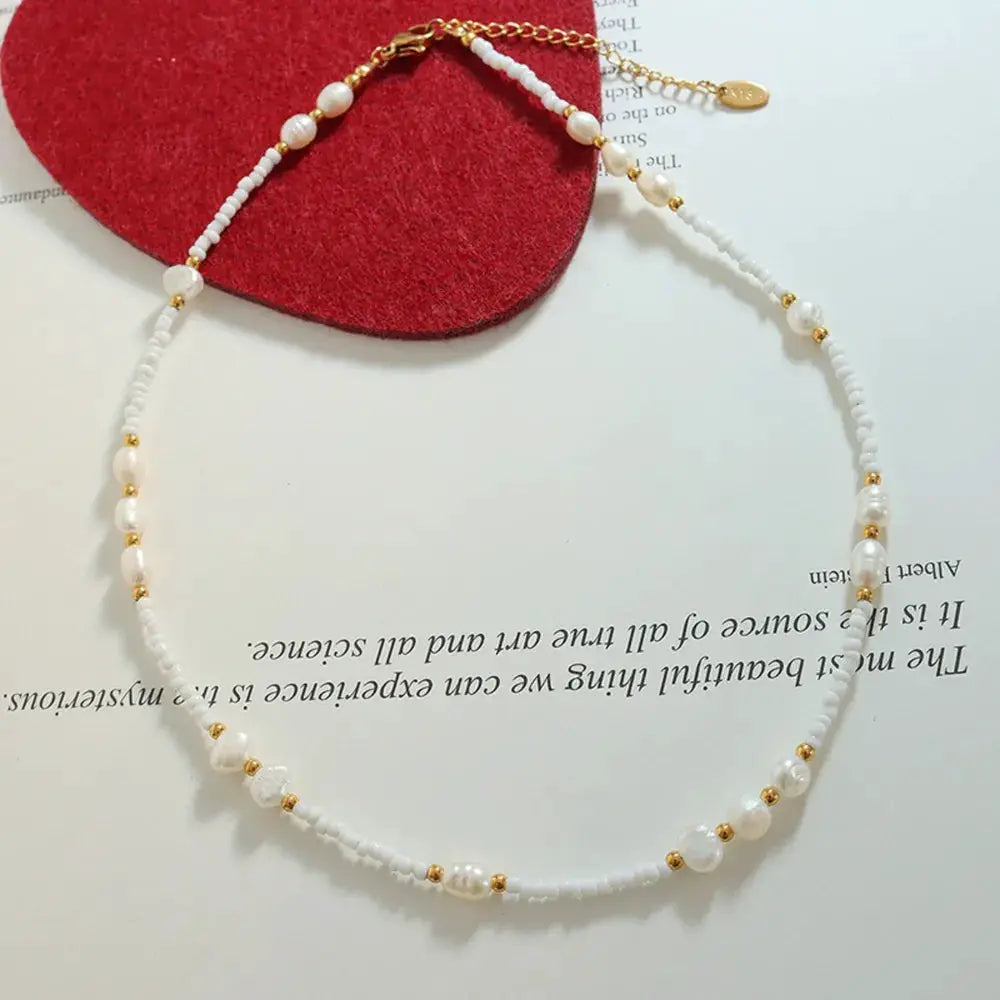 Titanium Steel Glass Bead Pearl Necklace by Trendsi