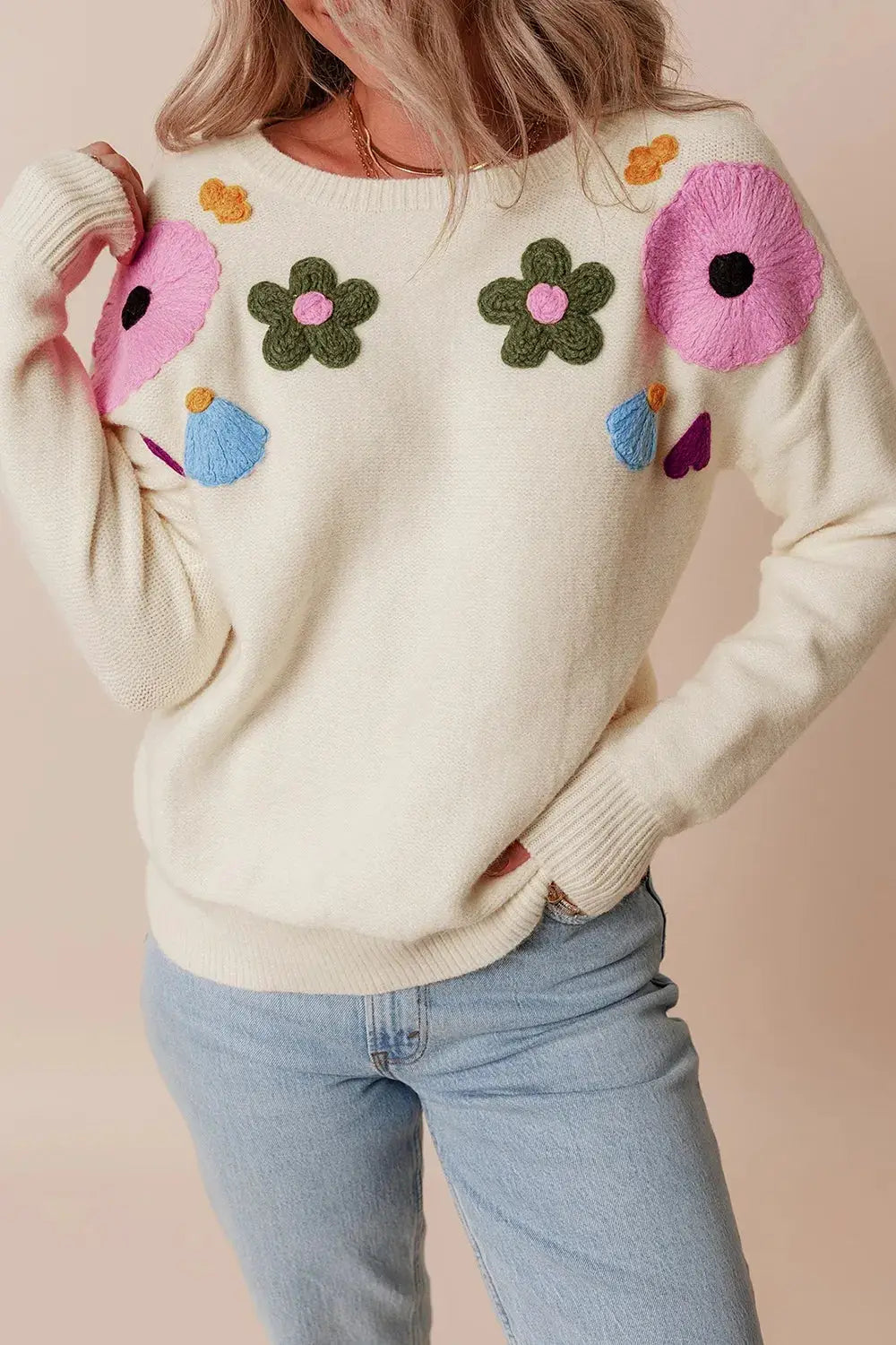 Crochet Flower Round Neck Dropped Shoulder Sweater by Trendsi