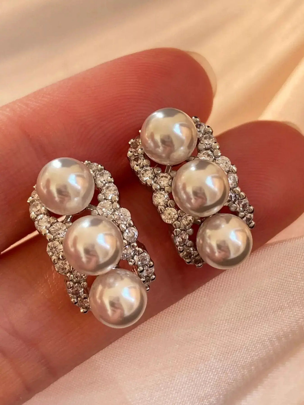 Zircon Triple Pearl Drop Earrings by Trendsi