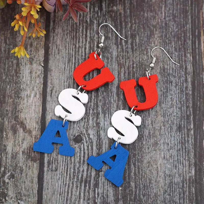 USA Wooden Letter Dangle Earrings by Trendsi