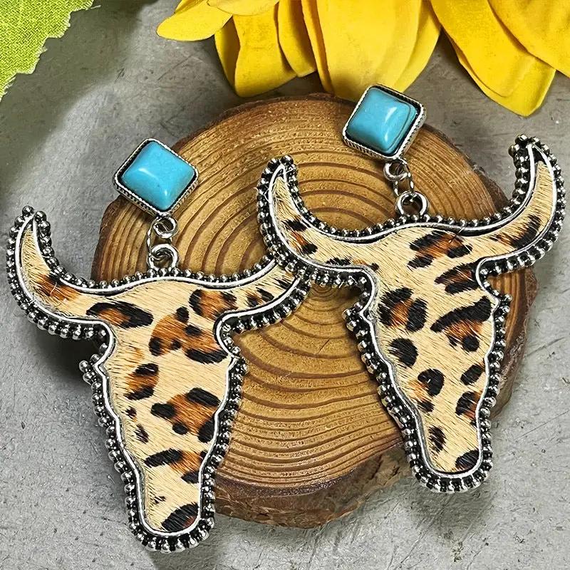 Bull Shape Turquoise Dangle Earrings by Trendsi