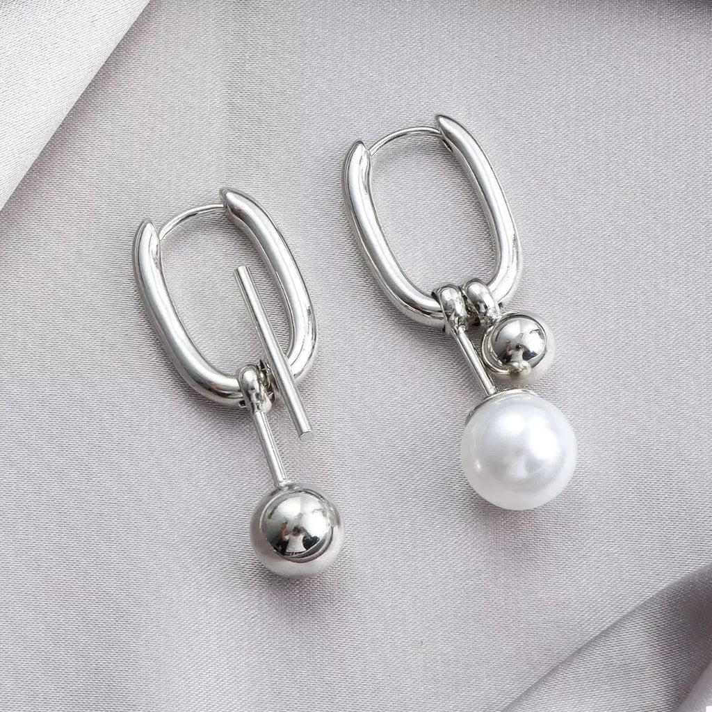 Asymmetrical Pearl Drop Hoop Earrings by Trendsi