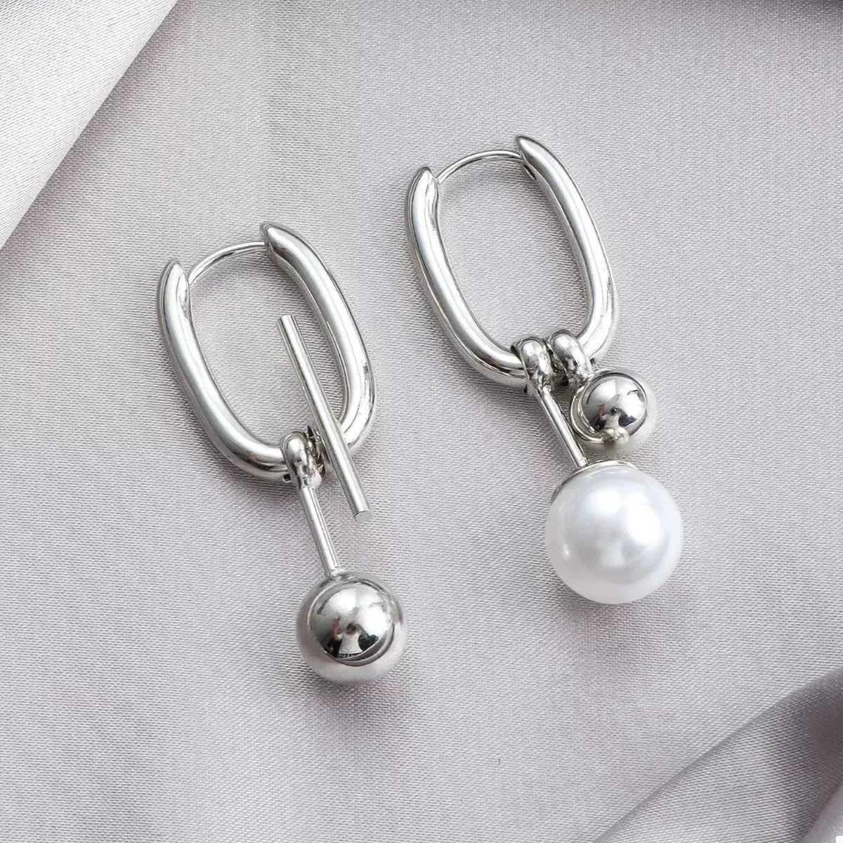 Asymmetrical Pearl Drop Hoop Earrings by Trendsi