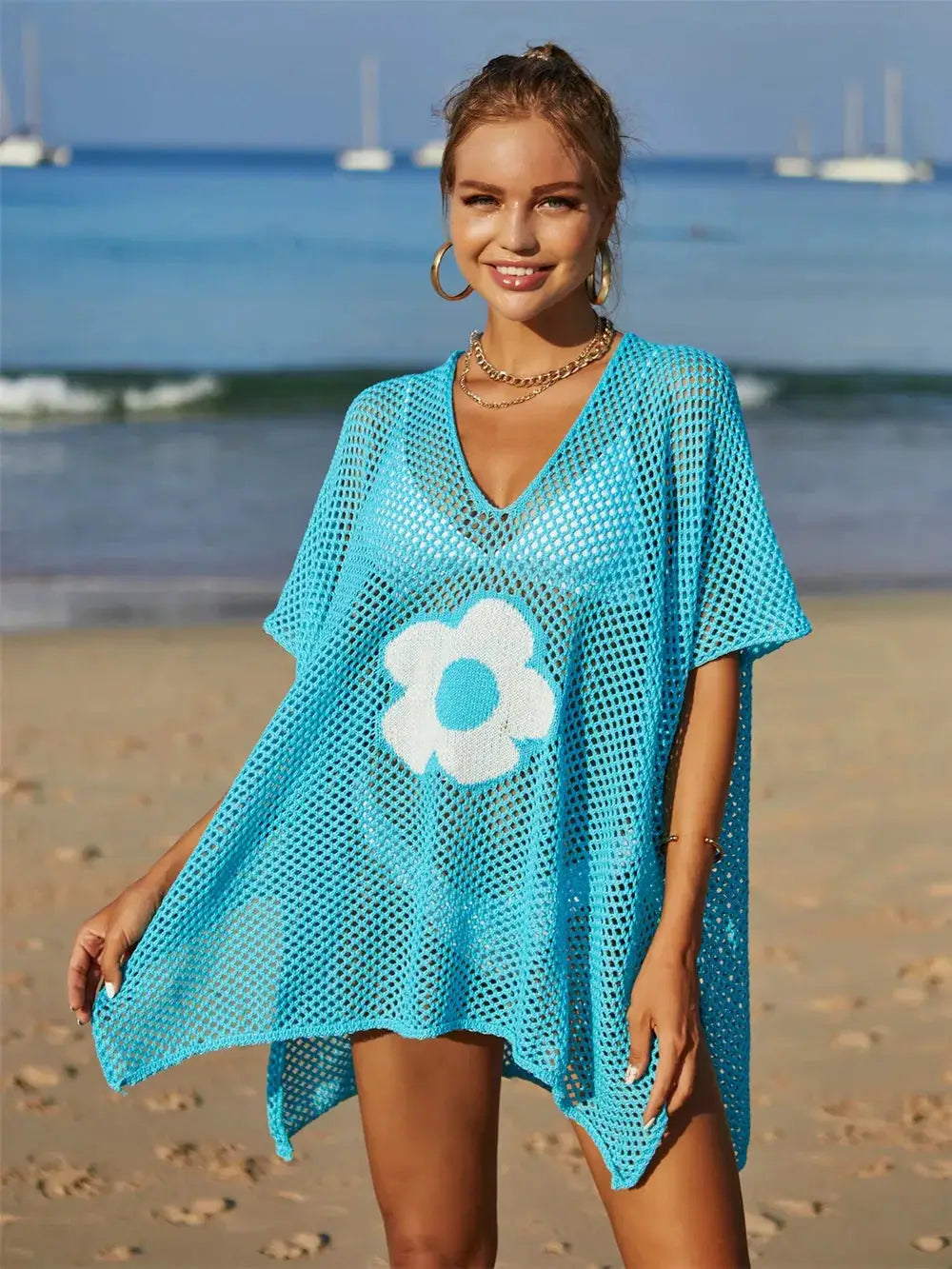 Angel Wings Openwork Flower V-Neck Short Sleeve Cover Up by Trendsi