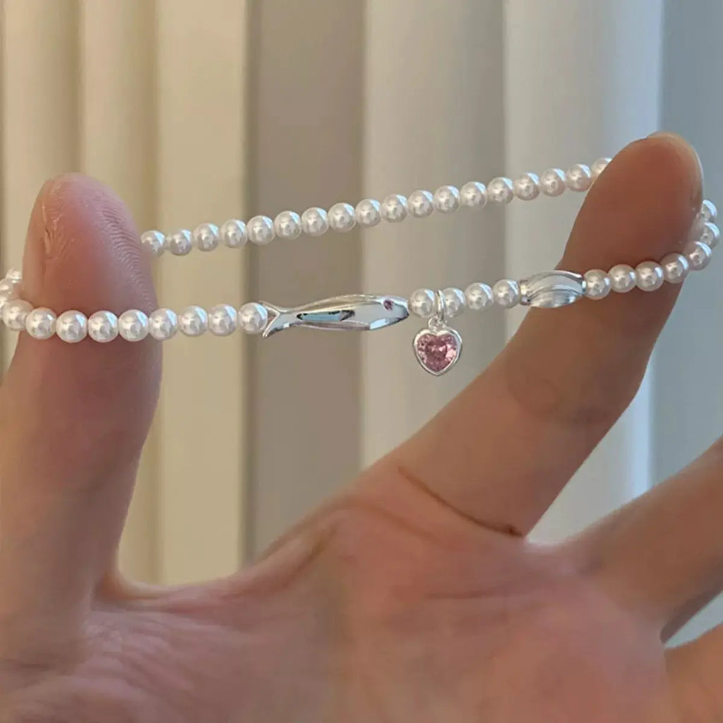 Pearl Fish Bracelet with Heart Charm by Trendsi