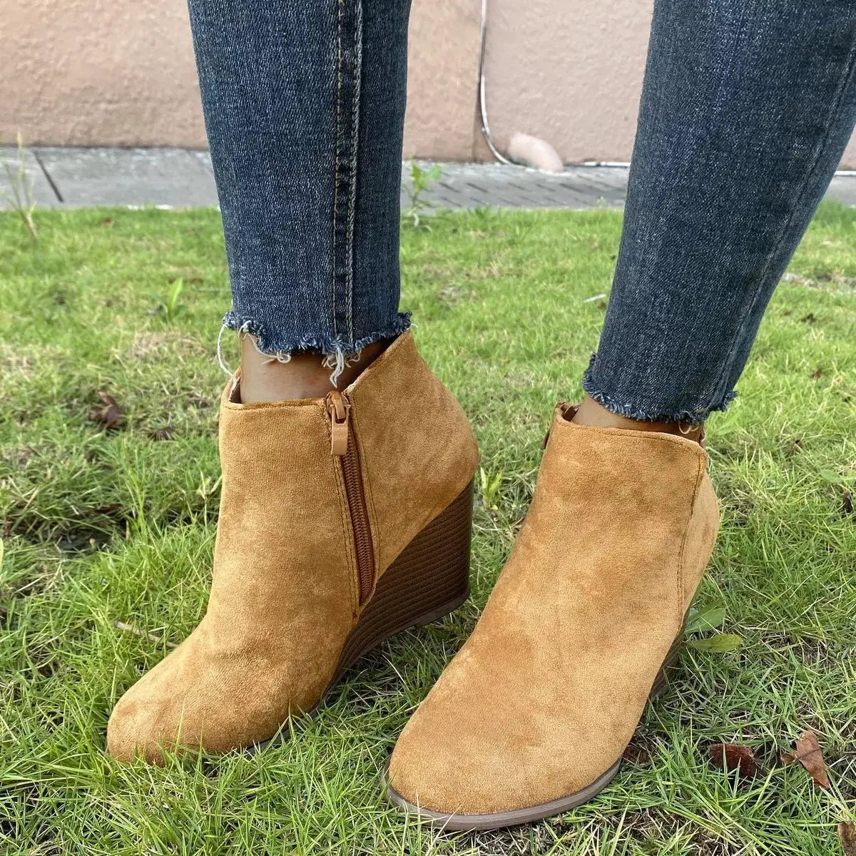 Round Toe Wedge Ankle Boots by Trendsi