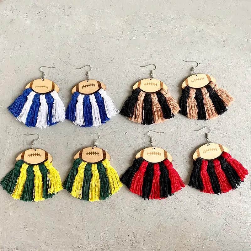 Fringe Detail Football Shape Wooden Dangle Earrings by Trendsi